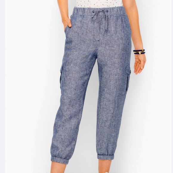 Talbots Linen Cargo Joggers MP Chambray Blue Pockets Pull On Lightweight Beach - Picture 1 of 13